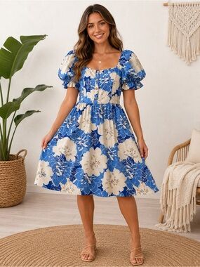 Blue Floral Puff-Sleeve Swing Dress